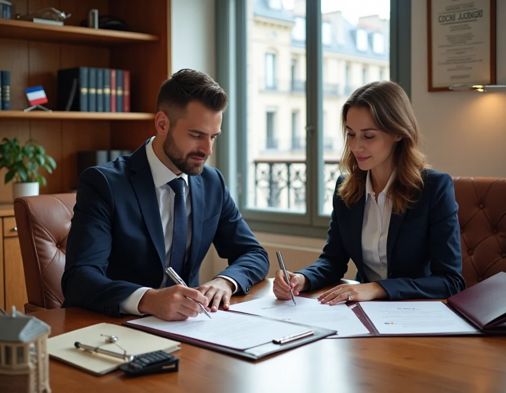 Un homme et une femme, assis à un bureau, signent des documents