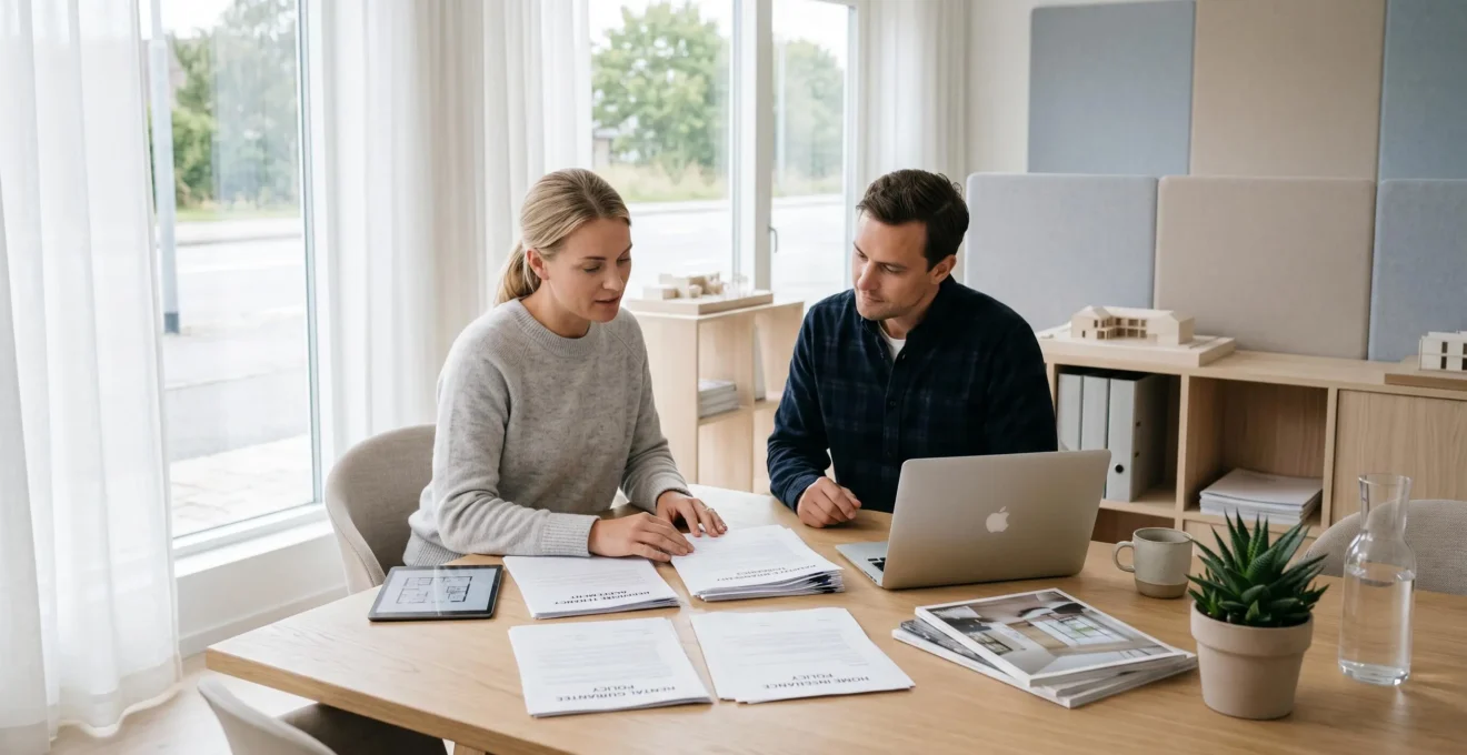 Bureau d'agence immobilière moderne avec des contrats d'assurance et des documents de garantie organisés sur une table contemporaine, éclairage naturel doux