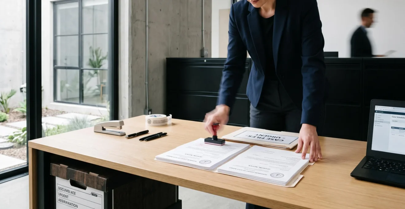 Huissier de justice préparant des documents officiels sur un bureau avec tampon et cachets visibles, dans un environnement professionnel de tribunal ou d'étude