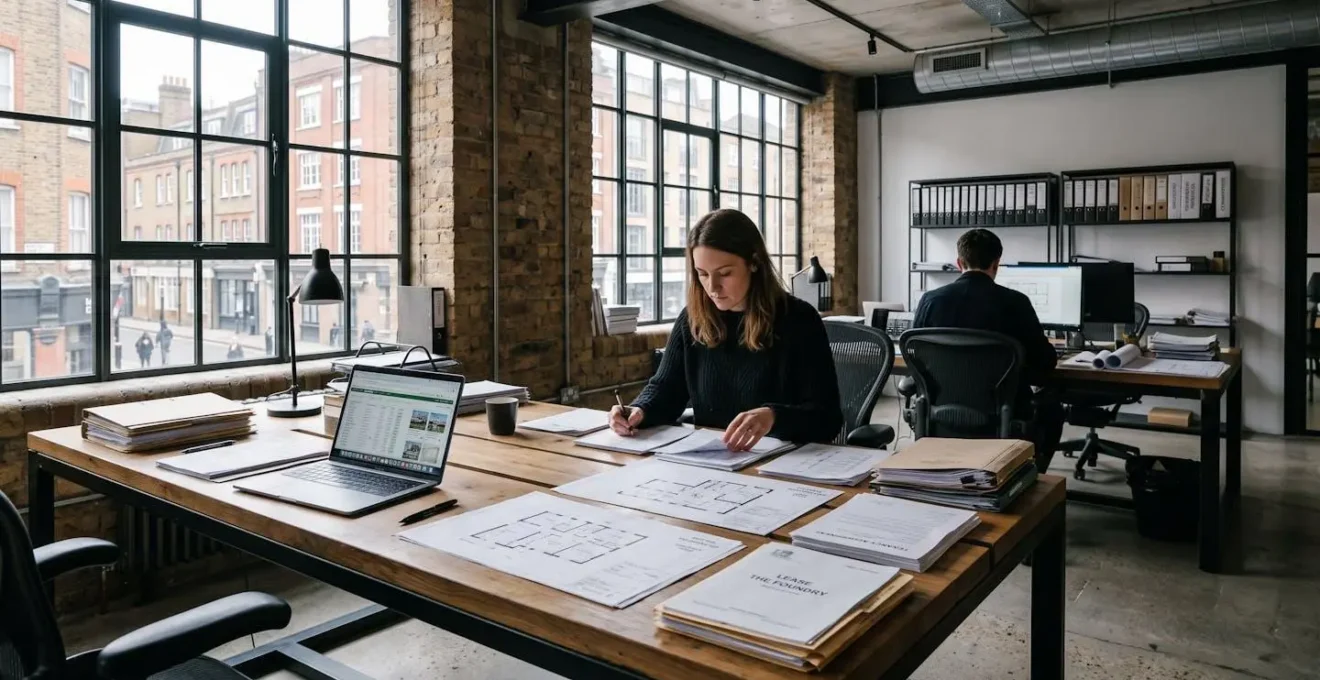 Intérieur d'une agence immobilière avec des plans de logements étalés sur un bureau, des dossiers juridiques et des contrats de location visibles, éclairage naturel créant une atmosphère professionnelle